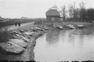 Eisschollen am Ufer : Eisschollen am Ufer der Weißen Elster. Im Hintergrund ein Gebäude und Spaziergänger. Elster vom Pistorissteg stromauf