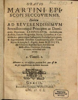 Oratio habita ad reverendissimum principem Leopoldum