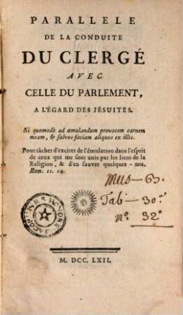 Parallele de la conduite du clergé avec celle du parlement, à l'égard des Jesuites