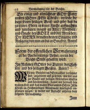 Form der offentlichen Vermahnung in der Vorbereitungs Vesper/ wenn der Beicht-Stuhl gehalten wird.