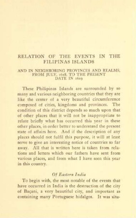 Relation of the events in the Filipinas Islands and in neighboring provinces and realms, from July, 1618, to the present date in 1619