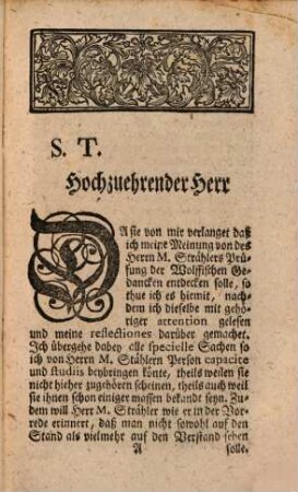 Eines Liebhabers der Weltweißheit Unpartheyisches Sentiment von M. Daniel Strählers Prüfung Der Gedancken Des Herrn Hoff-Rath Wolffens von Gott, der Welt und der Seele des Menschen : An Herrn R.F.D. überschrieben