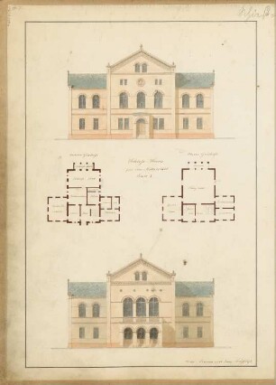 Schießhaus Monatskonkurrenz November 1848: Grundriss Erdgeschoss, Obergeschoss, Aufriss Vorderansicht, Rückansicht