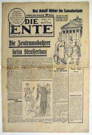 Linke Satirezeitung "Die Ente" mit Karikaturen und Texten zur politischen Situation 1932