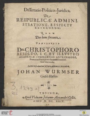 Dissertatio Politico-Iuridica, De Reipublicae Administratione, Respectu Exterorum