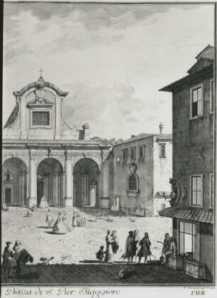 Veduta della chiesa, e Piazza di S. Pier Maggiore : Giuseppe Zocchi (1711-1767). Veduta della chiesa, e Piazza di S. Pier Maggiore. Rechte Hälfte: Piazza di S. Pier Maggiore. Illustration zu "Scelta di 24 vedute di Firenze", 1744, T. XVII. Kupferstich, 50 x 33,5, 1744. Dresden, Kupferstich-Kabinett B 2115,4