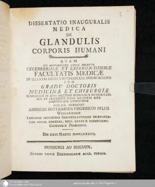 Dissertatio Inauguralis Medica De Glandulis Corporis Humani