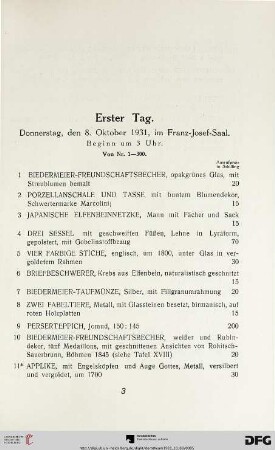 Erster Tag: Donnerstag, den 8. Oktober 1931, im Franz-Josef-Saal, Beginn um 3 Uhr (Nr. 1-300)