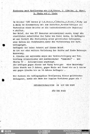 Forderung nach Freilassung von J.M. Jirous, P. Cibulka, J. Stend, D. Skala und J. Tichy