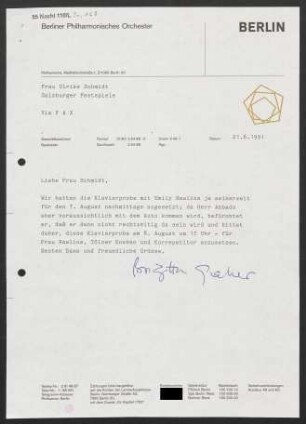 Brief an Ulrike Schmidt an Salzburger Festspiele, 21.06.1991