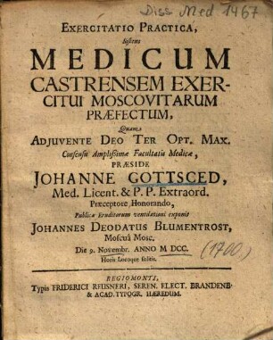 Exercitatio Practica, Sistens Medicum Castrensem Exercitui Moscovitarum Praefectum