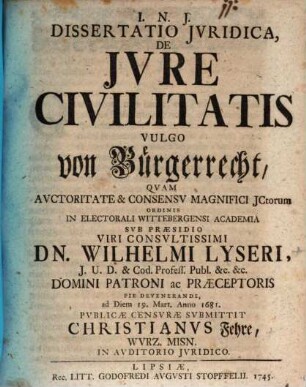Dissertatio iuridica, De iure civilitatis, vulgo vom Bürgerrecht