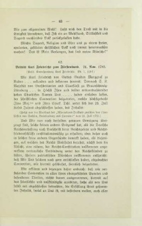 62. Beitritt Karl Friedrichs zum Fürstenbund. 21. Nov. 1785