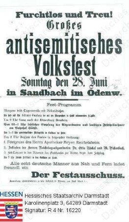 Bevölkerungsgruppen, Juden / Antisemitismus, Veranstaltungsplakat 'Antisemitistisches Volksfest in Sandbach im Odenwald' am 28. Juni 1891