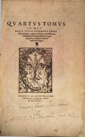 M. Tvllii Ciceronis Opera : Omnivm Qvae Hactenvs Excvsa Svnt, Castigatissima Nvnc Primvm In Lvcem Edita, 4. In Quo Marci Tullii Ciceronis Opera Philosophica, nuper ad fidem vetustissimor[um] exemplarium diligentissime recognita