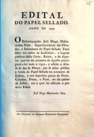 Edital Do Papel Sellado. Anno De 1797