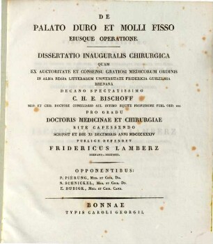 De palato duro et molli fisso eiusque operatione : Diss. inaug. chir.