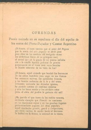 Ofrendas : Poesdía rectada en su sepultura el día del sepelio de los restos del Poeta-Payador y Cantor Agrentino
