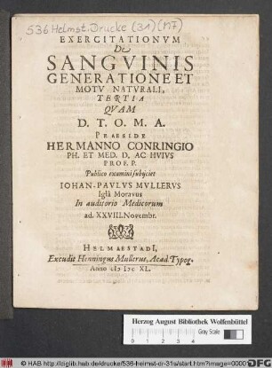 Exercitationum De Sanguinis Generatione Et Motu Naturali, Tertia