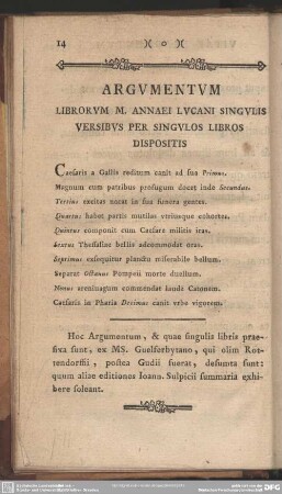 Argumentum Librorum M. Annaei Lucani Singu8lis Versibus Per Singulos Libros Dispositis