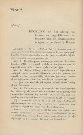 Bijlage 5. Afschrift. Regeling op den afkoop van heeren- en negorijdiensten ten behoeve van de tabaksondernemingen in de afdeeling Kema.
