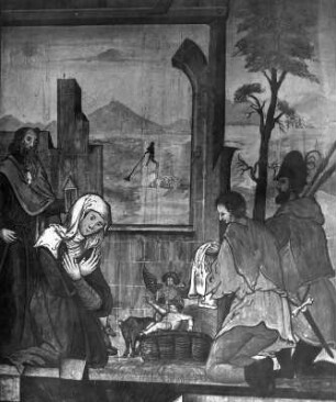 Altarflügel mit Anbetung des Christuskindes : Altarflügel mit Anbetung des Christuskindes. Holz, bemalt (1568). Rohrmoos (Oberstdorf), Kapelle Sankt Anna