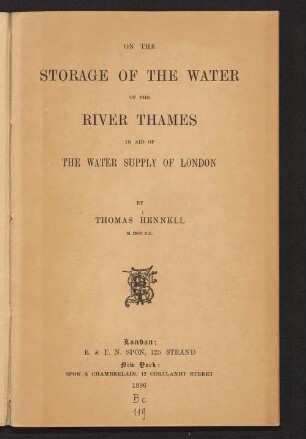 On the storage of the water of the River Thames in aid of the water supply of London