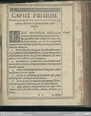 Caput Primum. Prooimiastikōn Aphormēn Kai To sympan futurae disputationis continens