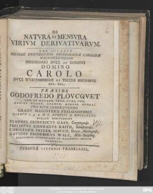 De Natvra Et Mensvra Virivm Derivativarvm : Deo Iuvante Rectore Vniversitatis Eberhardinæ Carolinæ ... Domino Carolo Dvce Wvrtenbergiæ Et Tecciæ Regnante Rel. Rel.