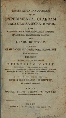 Diss. inaug. sistens experimenta quaedam circa urinae secretionem