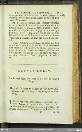 Lettre LXXIV. Au Selictar Aga, ou Porte Cimeterre du Grand Seigneur