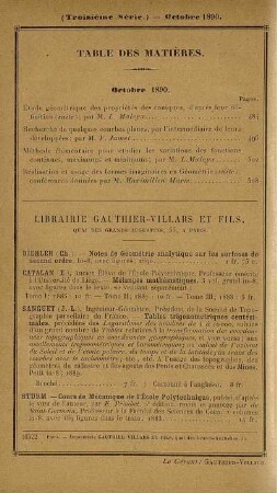 Table des matières. Octobre 1890.