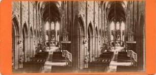 Nürnberg. St. Lorenzkirche. Inneres, Mittelschiff mit Kanzel gegen Altar. Stereofoto (Albuminpapier auf Karton), um 1885/1890