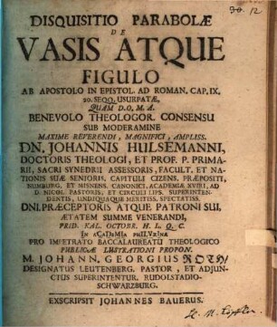Disquisitio parabolae de vasis atque figulo, ab Apostolo in epist. ad Rom. IX, 20. usurpatae