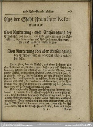 Aus der Stadt Franckfurt Reformation : Von Antrettung, auch Entschlagung der Erbschafft, von Immission und Einsetzung in die Erb-Güter, von Inventarien, und Erbtheilungen, Einwerffen, und was dem weiter anhanget
