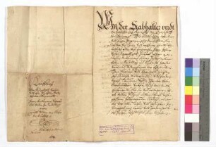 Vor dem Gericht zu Staufenberg verkaufen die Erben des Johann Michael Scherer, genannt Hauser, ehemaliger Amtmanns zu Staufenberg, dem Küfer Konrad Silber von Staufenberg und dessen Ehefrau Susanna genannte Matten zu Sendelbach um 39 Gulden.