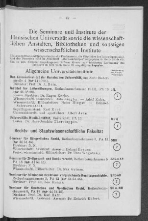 Die Seminare und Institute der Hansischen Universität sowie die wissenschaftlichen Anstalten, Bibliotheken und sonstigen wissenschaftlichen Institute