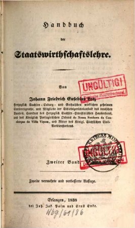 Handbuch der Staatswirthschaftslehre. 2