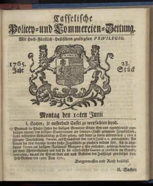 23. Stueck, Montag den 10ten Junii 1765