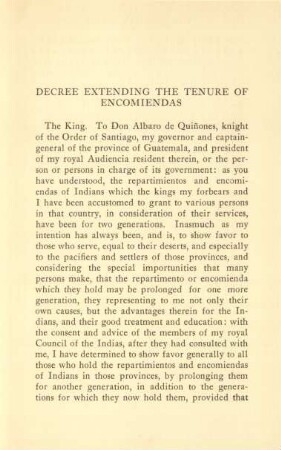 Decree extending the tenure of encomiendas