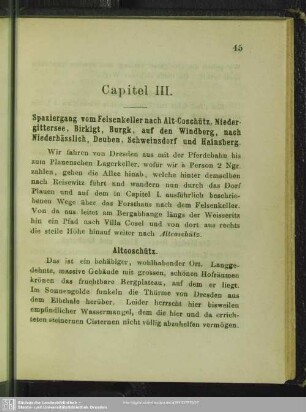 Capitel III. Spaziergang vom Felsenkeller nach Alt-Coschütz, Niedergittersee, Birkigt, Burgk, auf den Windberg, nach Niederhässlich, Deuben, Schweinsdorf und Hainsberg