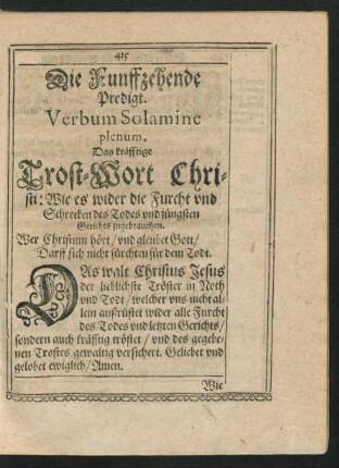 Die Funffzehende Predigt. Verbum Solamine plenum. Das kräfftige Trost-Wort Christi ...