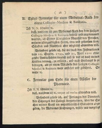 B. Eydes-Formular für einen Medicinal-Rath bey einem Collegio-Medico & Sanitatis.