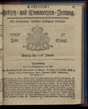 3tes Stueck, Montag den 21ten Januar. 1793