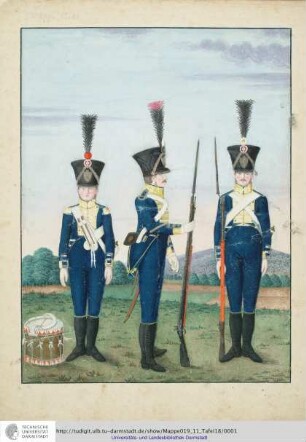 Abbildung Des Gros[s]herzoglich Hessischen Militair. [Tafel 18: Regiment Groß- und Erbprinz; Tambour der 1. Kompanie, Sergeant und Soldat der 5. Kompanie]. S.l.e.a. [ca. 1813/14]