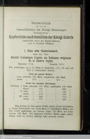 Verzeichnis der von der Generaldirektion der Königl. Sammlungen herausgegebenen Kupferstiche nach Gemälden der Königl. Galerie