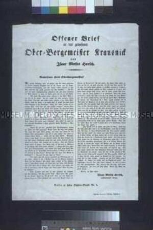 Satirisches Flugblatt: Offener Brief an den gewesenen Oberbürgermeister Krausnick von Isaac Moses Hersch; Berlin, Mai 1848