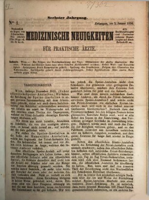 Medizinische Neuigkeiten für praktische Ärzte : Centralbl. für d. Fortschritte d. gesamten medizin. Wissenschaften. 6. 1856