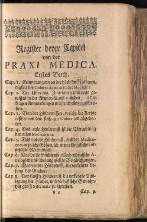 Register derer Capitel von der Praxi Medica