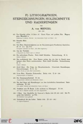 F) Lithographien, Steinzeichnungen, Holzschnitte und Radierungen von A. Menzel 1815-1905 (Nr. 481-520)